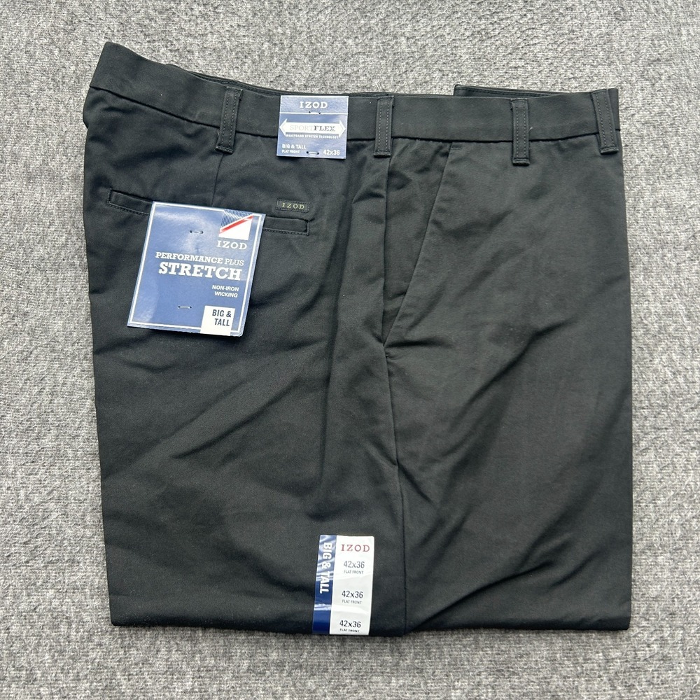 Izod Sportflex Black Performance Plus Stretch Pants Size 42x36 Big & Tall Flat